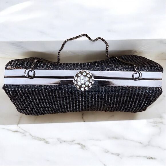 Whiting & Davis Black Shimmer Crystal Ball Clutch/Wristlet Bag. Black Tie - Picture 8 of 10